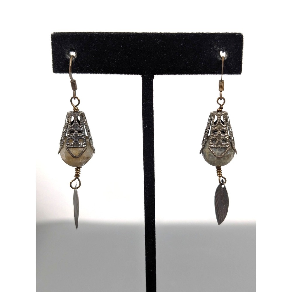 Mixed Metal Green Stone Two Tone Bohemian Drop Dangleโ Earrings